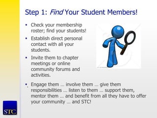 Step 1: Find Your Student Members!
 Check your membership
roster; find your students!
 Establish direct personal
contact with all your
students.
 Invite them to chapter
meetings or online
community forums and
activities.
. Engage them … involve them … give them
responsibilities … listen to them … support them,
mentor them … and benefit from all they have to offer
your community … and STC!
 