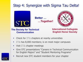 Step 4: Synergize with Sigma Tau Delta!
 Check for ΣT∆ chapters at nearby universities
 ΣT∆ has 8,000 members; is on most major campuses
 Visit ΣT∆ chapter meetings
 Give STC presentations “Careers in Technical Communication
for English Majors” and “Student Mentoring Programs”
 Recruit new STC student members for your chapter
The Society for Technical
Communication
International Collegiate
English Honor Society
Better …
…Together!
 