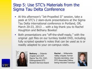 Step 5: Use STC’s Materials from the
Sigma Tau Delta Conference
 At this afternoon’s “Jet-Propelled II” session, take a
peek at STC’s 2 slam-dunk presentations at the Sigma
Tau Delta international conference in Portland, OR,
March 20-23, 2013 … with a big thank you to Rachel
Houghton and Bethany Bowles!
 Both presentations are “off-the-shelf-ready,” with the
original .ppt files on our turnkey toolkit DVD, including
fully scripted speaker’s notes that can be used as is or
readily adapted to your on-campus visits.
.
Bethany … Orlando
chapter and UCF,
Sigma Tau Chi, CAC,
Distinguished STC
Student Service Award
Rachel … Willamette
Valley chapter, former
Society secretary, new
STC Associate Fellow,
being inducted Tuesday!
 