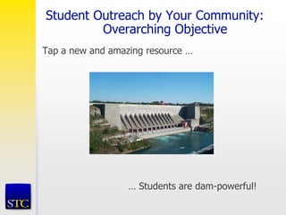 Student Outreach by Your Community:
Overarching Objective
Tap a new and amazing resource …
… Students are dam-powerful!
 