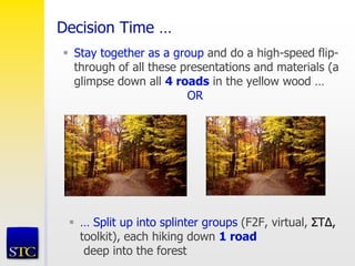 Decision Time …
 Stay together as a group and do a high-speed flip-
through of all these presentations and materials (a
glimpse down all 4 roads in the yellow wood …
OR
 … Split up into splinter groups (F2F, virtual, ΣT∆,
toolkit), each hiking down 1 road
deep into the forest
 