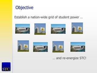 Objective
Establish a nation-wide grid of student power …
… and re-energize STC!
 