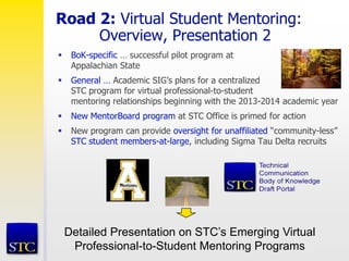 Road 2: Virtual Student Mentoring:
Overview, Presentation 2
 BoK-specific … successful pilot program at
Appalachian State
 General … Academic SIG’s plans for a centralized
STC program for virtual professional-to-student
mentoring relationships beginning with the 2013-2014 academic year
 New MentorBoard program at STC Office is primed for action
 New program can provide oversight for unaffiliated “community-less”
STC student members-at-large, including Sigma Tau Delta recruits
Detailed Presentation on STC’s Emerging Virtual
Professional-to-Student Mentoring Programs
 