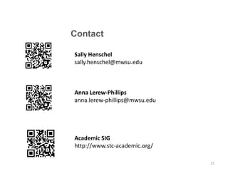 Sally Henschel
sally.henschel@mwsu.edu
Anna Lerew-Phillips
anna.lerew-phillips@mwsu.edu
Academic SIG
http://www.stc-academic.org/
Contact
21
 
