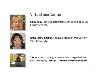 Cindy Pao. Technical Documentation Specialist at Key
Energy Services.
Anna Lerew-Phillips. Graduate student. Midwestern
State University.
Storm Stuart. Undergraduate student. Appalachian
State. Mentors, Frances Gambino and Diane Gaskill.
Virtual mentoring
9
 