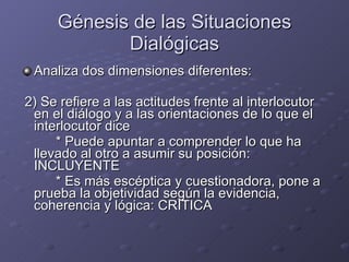 Génesis de las Situaciones Dialógicas Analiza dos dimensiones diferentes: 2) Se refiere a las actitudes frente al interlocutor en el diálogo y a las orientaciones de lo que el interlocutor dice * Puede apuntar a comprender lo que ha llevado al otro a asumir su posición: INCLUYENTE * Es más escéptica y cuestionadora, pone a prueba la objetividad según la evidencia, coherencia y lógica: CRITICA 