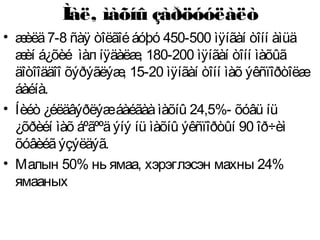 Ìàë, ìàõíû çàðöóóëàëò
• æèëä7-8 ñàÿ òîëãîéáóþó 450-500 ìÿíãàí òîíí àìüä
æèí á¿õèé ìàл íÿäàëæ, 180-200 ìÿíãàí òîíí ìàõûã
äîòîîääîî õýðýãëýæ, 15-20 ìÿíãàí òîíí ìàõ ýêñïîðòîëæ
áàéíà.
• Íèéò ¿éëäâýðëýæáàéãààìàõíû 24,5%- õóâü íü
¿õðèéí ìàõ áºãººäýíý íü ìàõíû ýêñïîðòûí 90 îð÷èì
õóâèéãýçýëäýã.
• Малын 50% нь ямаа, хэрэглэсэн махны 24%
ямааных
 