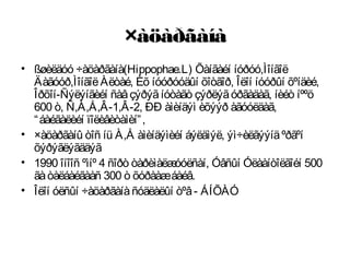 ×àöàðãàíà
• ßøèëäóó ÷àöàðãàíà(Hippophae.L) Õàíãàéí íóðóó,Ìîíãîë
Äàãóóð,ÌîíãîëÀëòàé, Èõ íóóðóóäûí õîòãîð, Îëîí íóóðûí õºíäèé,
Îðõîí-Ñýëýíãèéí ñàâçýðýãíóòàãò çýðëýãóðãàäàã, íèéò íººö
600 ò, Ñ,À,Å,Â-1,Â-2, ÐÐ àìèíäýì èõýýð àãóóëäàã,
“áàéãàëèéí ïîëèâèòàìèí”,
• ×àöàðãàíû òîñ íü À,Å àìèíäýìèéí áýëäìýë, ýì÷èëãýýíäºðãºí
õýðýãëýãääýã
• 1990 îíîîñ ºìíº 4 ñîðò òàðèìàëæóóëñàí, Óâñûí Óëààíòîëãîéí 500
ãàòàëáàéãààñ 300 ò õóðààæáàéâ.
• Îëîí óëñûí ÷àöàðãàíàñóäëàëûí òºâ- ÁÍÕÀÓ
 