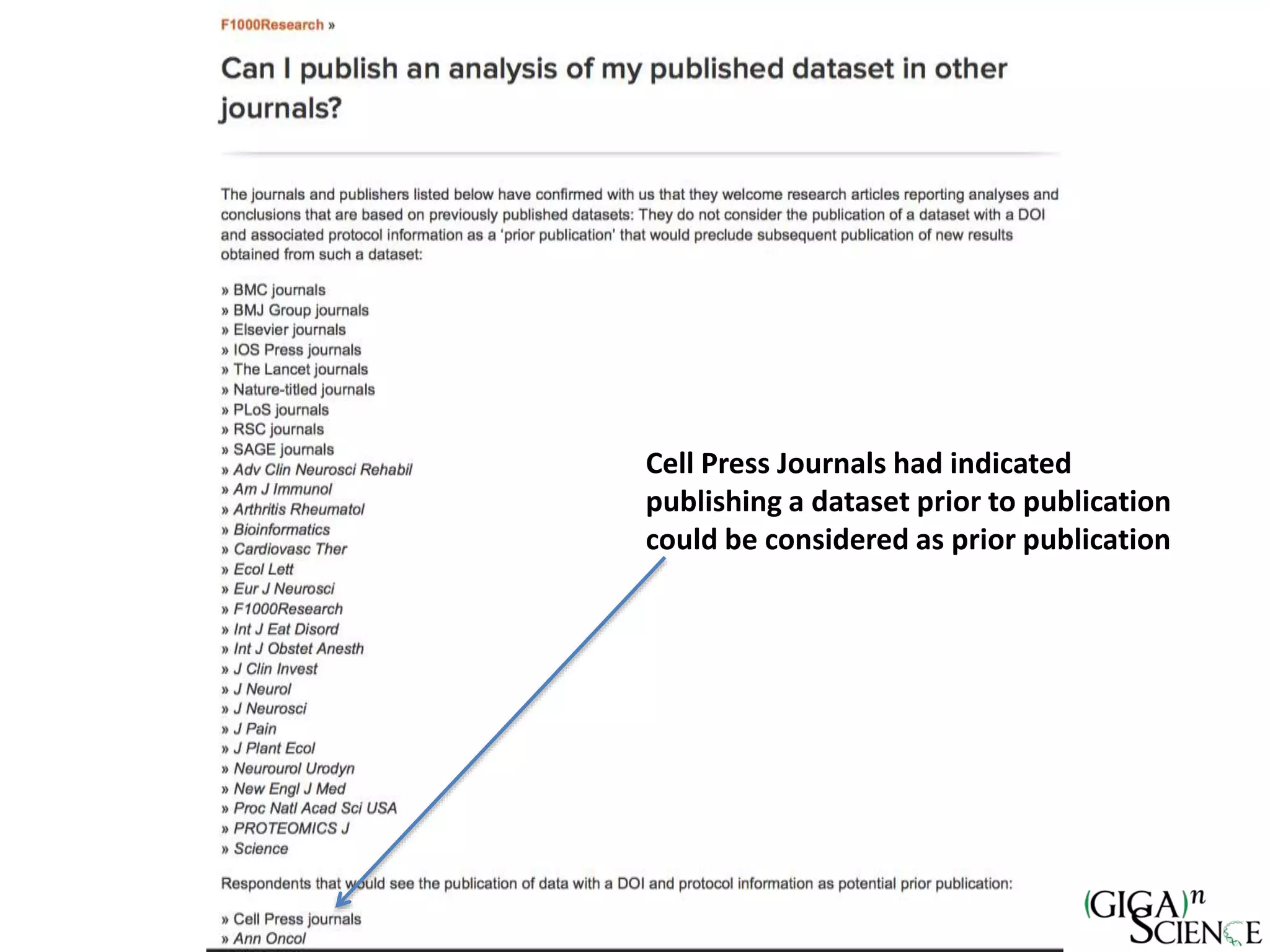 Cell Press Journals had indicated
publishing a dataset prior to publication
could be considered as prior publication
 