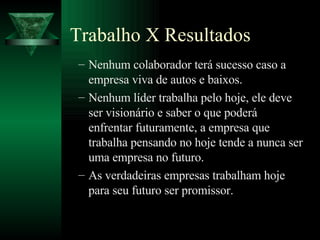 Trabalho X Resultados Nenhum colaborador terá sucesso caso a empresa viva de autos e baixos. Nenhum líder trabalha pelo hoje, ele deve ser visionário e saber o que poderá enfrentar futuramente, a empresa que trabalha pensando no hoje tende a nunca ser uma empresa no futuro. As verdadeiras empresas trabalham hoje para seu futuro ser promissor.  