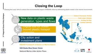 2ndRegionalOceanPolicyDialogue
Closing the Loop
'Closing the Loop’ aims to reduce the environmental impact of ASEAN cities by addressing plastic waste in the marine environment.
New data on plastic waste
generation, types and flows
Digital tool for ocean
bound plastic hotspot
mapping
City action and
investment plans
ASEAN Framework of Action on Marine Debris
G20 Osaka Blue Ocean Vision
National Marine Litter Action Plans
 
