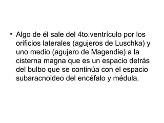 Algo de él sale del 4to.ventrículo por los orificios laterales (agujeros de Luschka) y uno medio (agujero de Magendie) a la cisterna magna que es un espacio detrás del bulbo que se continúa con el espacio subaracnoideo del encéfalo y médula.  