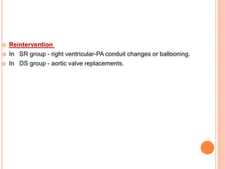  Reintervention
 In SR group - right ventricular-PA conduit changes or ballooning.
 In DS group - aortic valve replacements.
 