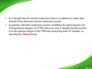 • It is thought that the normal conduction tissue is in addition to rather than
instead of the abnormal anterior conduction system.
• In patients with both conduction systems straddling the anterosuperior and
inferoposterior margins of a VSD, there can exist a slinglike bundle located
over the anterior margin of the VSD and connecting both AV bundles, as
described by Monckeberg.
 