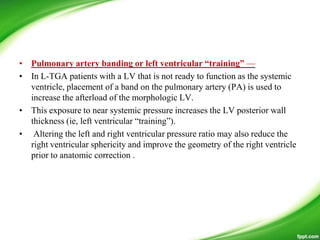 • Pulmonary artery banding or left ventricular “training” —
• In L-TGA patients with a LV that is not ready to function as the systemic
ventricle, placement of a band on the pulmonary artery (PA) is used to
increase the afterload of the morphologic LV.
• This exposure to near systemic pressure increases the LV posterior wall
thickness (ie, left ventricular ―training‖).
• Altering the left and right ventricular pressure ratio may also reduce the
right ventricular sphericity and improve the geometry of the right ventricle
prior to anatomic correction .
 