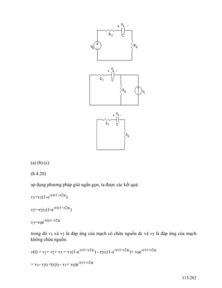 (a) (b) (c)
(h 4.20)
ap dụng phương pháp giải ngắn gọn, ta được các kết quả:
v1=v1(1-e-t/(r1+r2)c
)
v2=-r2i1(1-e-t/(r1+r2)c
)
v3=v0e-t/(r1+r2)c
trong đó v1 và v2 là đáp ứng của mạch có chứa nguồn dc và v3 là đáp ứng của mạch
không chứa nguồn.
v(t) = v1+ v2+ v3 = v1(1-e-t/r1+r2)c
) - r2i1(1-e-t/r1+r2)c
)+ v0e-t/r1+r2)c
= v1- r2i1+(r2i1- v1+ v0)e-t/r1+r2)c
113/282
 