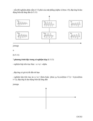 - nếu đôi nghiệm phức nằm ở 1/2 phải của mặt phẳng (alpha và beta ≠ 0), đáp ứng là dao
động biên độ tăng dần (h 5.11)
jomega
σ
(h 5.11)
? phương trình đặc trưng có nghiệm kép (h 5.13)
- nghiệm kép trên trục thực : s1=s2= -alpha
, đáp ứng có giá trị tắt dần tới hạn
- nghiệm kép trên trục ảo s1=s2=+jbeta hoặc -jbeta yn=k1cos(beta t+?1) + k2tcos(beta
t+?2), đáp ứng là dao động biên độ tăng dần
jomega
128/282
 