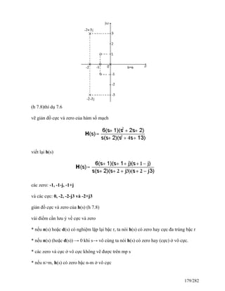 (h 7.8)thí dụ 7.6
vẽ giản đồ cực và zero của hàm số mạch
viết lại h(s)
các zero: -1, -1-j, -1+j
và các cực: 0, -2, -2-j3 và -2+j3
giản đồ cực và zero của h(s) (h 7.8)
vài điểm cần lưu ý về cực và zero
* nếu n(s) hoặc d(s) có nghiệm lặp lại bậc r, ta nói h(s) có zero hay cực đa trùng bậc r
* nếu n(s) (hoặc d(s)) → 0 khi s→ vô cùng ta nói h(s) có zero hay (cực) ở vô cực.
* các zero và cực ở vô cực không vẽ được trên mp s
* nếu n>m, h(s) có zero bậc n-m ở vô cực
179/282
 