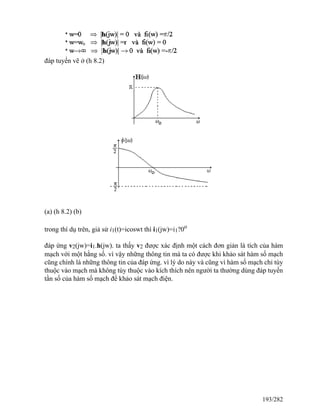 đáp tuyến vẽ ở (h 8.2)
(a) (h 8.2) (b)
trong thí dụ trên, giả sử i1(t)=icoswt thì i1(jw)=i1?0o
đáp ứng v2(jw)=i1.h(jw). ta thấy v2 được xác định một cách đơn giản là tích của hàm
mạch với một hằng số. vì vậy những thông tin mà ta có được khi khảo sát hàm số mạch
cũng chính là những thông tin của đáp ứng. vì lý do này và cũng vì hàm số mạch chỉ tùy
thuộc vào mạch mà không tùy thuộc vào kích thích nên người ta thường dùng đáp tuyến
tần số của hàm số mạch để khảo sát mạch điện.
193/282
 