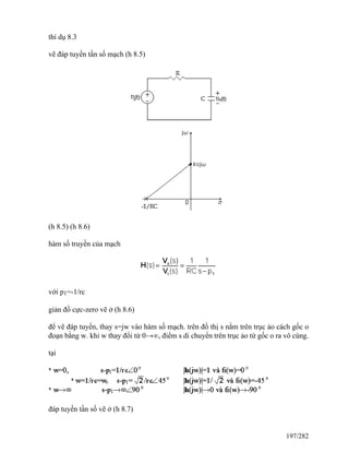 thí dụ 8.3
vẽ đáp tuyến tần số mạch (h 8.5)
(h 8.5) (h 8.6)
hàm số truyền của mạch
với p1=-1/rc
giản đồ cực-zero vẽ ở (h 8.6)
để vẽ đáp tuyến, thay s=jw vào hàm số mạch. trên đồ thị s nằm trên trục ảo cách gốc o
đoạn bằng w. khi w thay đổi từ 0→∞, điểm s di chuyển trên trục ảo từ gốc o ra vô cùng.
tại
đáp tuyến tần số vẽ ở (h 8.7)
197/282
 