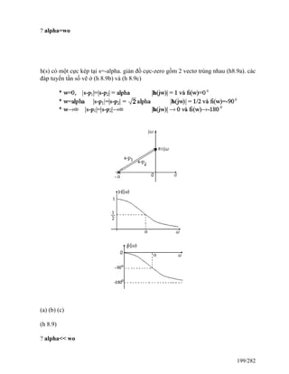 ? alpha=wo
h(s) có một cực kép tại s=-alpha. giản đồ cực-zero gồm 2 vectơ trùng nhau (h8.9a). các
đáp tuyến tần số vẽ ở (h 8.9b) và (h 8.9c)
(a) (b) (c)
(h 8.9)
? alpha<< wo
199/282
 