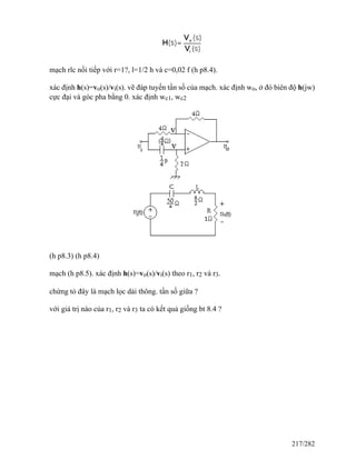 mạch rlc nối tiếp với r=1?, l=1/2 h và c=0,02 f (h p8.4).
xác định h(s)=vo(s)/vi(s). vẽ đáp tuyến tần số của mạch. xác định wo, ở đó biên độ h(jw)
cực đại và góc pha bằng 0. xác định wc1, wc2
(h p8.3) (h p8.4)
mạch (h p8.5). xác định h(s)=vo(s)/vi(s) theo r1, r2 và r3.
chứng tỏ đây là mạch lọc dải thông. tần số giữa ?
với giá trị nào của r1, r2 và r3 ta có kết quả giống bt 8.4 ?
217/282
 