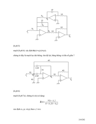 (h p8.5)
mạch (h p8.6). xác định h(s)=vo(s)/vi(s).
chứng tỏ đây là mạch lọc dải thông. tìm độ lợi, băng thông và tần số giữa ?
(h p8.6)
mạch (h p8.7a). chứng tỏ z(s) có dạng:
xác định z1, p1 và p2 theo r, l và c
218/282
 