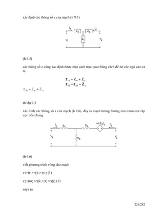 xác định các thông số z của mạch (h 9.5)
(h 9.5)
các thông số z cũng xác định được một cách trực quan bằng cách để hở các ngã vào và
ra
thí dụ 9.3
xác định các thông số z của mạch (h 9.6). đây là mạch tương đương của transistor ráp
cực nền chung
(h 9.6)
viết phương trình vòng cho mạch
v1=(r1+r3)i1+r3i2 (1)
v2=(αr2+r3)i1+(r2+r3)i2 (2)
suya ra
226/282
 
