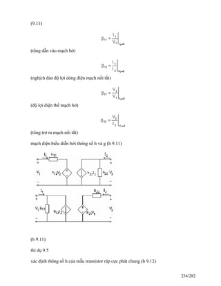 (9.11)
(tổng dẫn vào mạch hở)
(nghịch đảo độ lợi dòng điện mạch nối tắt)
(độ lợi điện thế mạch hở)
(tổng trở ra mạch nối tắt)
mạch điện biểu diễn bởi thông số h và g (h 9.11)
(h 9.11)
thí dụ 9.5
xác định thông số h của mẫu transistor ráp cực phát chung (h 9.12)
234/282
 