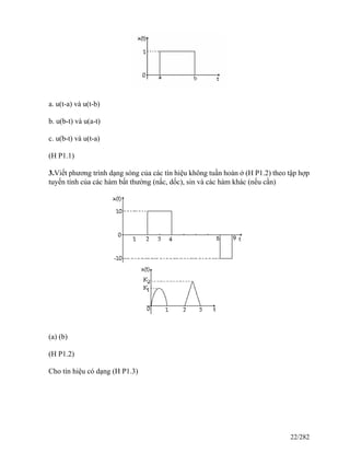 a. u(t-a) và u(t-b)
b. u(b-t) và u(a-t)
c. u(b-t) và u(t-a)
(H P1.1)
3.Viết phương trình dạng sóng của các tín hiệu không tuần hoàn ở (H P1.2) theo tập hợp
tuyến tính của các hàm bất thường (nấc, dốc), sin và các hàm khác (nếu cần)
(a) (b)
(H P1.2)
Cho tín hiệu có dạng (H P1.3)
22/282
 