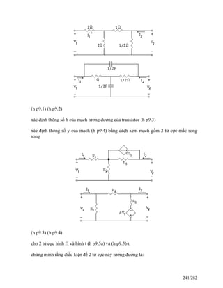 (h p9.1) (h p9.2)
xác định thông số h của mạch tương đương của transistor (h p9.3)
xác định thông số y của mạch (h p9.4) bằng cách xem mạch gồm 2 tứ cực mắc song
song
(h p9.3) (h p9.4)
cho 2 tứ cực hình Π và hình t (h p9.5a) và (h p9.5b).
chứng minh rằng điều kiện để 2 tứ cực này tương đương là:
241/282
 