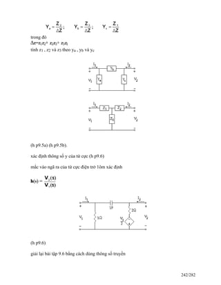 trong đó
tính z1 , z2 và z3 theo ya , yb và yc
(h p9.5a) (h p9.5b).
xác định thông số y của tứ cực (h p9.6)
mắc vào ngã ra của tứ cực điện trở 1ôm xác định
(h p9.6)
giải lại bài tập 9.6 bằng cách dùng thông số truyền
242/282
 