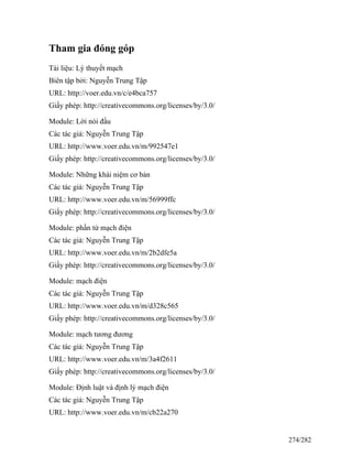 Tham gia đóng góp
Tài liệu: Lý thuyết mạch
Biên tập bởi: Nguyễn Trung Tập
URL: http://voer.edu.vn/c/e4bca757
Giấy phép: http://creativecommons.org/licenses/by/3.0/
Module: Lời nói đầu
Các tác giả: Nguyễn Trung Tập
URL: http://www.voer.edu.vn/m/992547e1
Giấy phép: http://creativecommons.org/licenses/by/3.0/
Module: Những khái niệm cơ bản
Các tác giả: Nguyễn Trung Tập
URL: http://www.voer.edu.vn/m/56999ffc
Giấy phép: http://creativecommons.org/licenses/by/3.0/
Module: phần tử mạch điện
Các tác giả: Nguyễn Trung Tập
URL: http://www.voer.edu.vn/m/2b2dfe5a
Giấy phép: http://creativecommons.org/licenses/by/3.0/
Module: mạch điện
Các tác giả: Nguyễn Trung Tập
URL: http://www.voer.edu.vn/m/d328c565
Giấy phép: http://creativecommons.org/licenses/by/3.0/
Module: mạch tương đương
Các tác giả: Nguyễn Trung Tập
URL: http://www.voer.edu.vn/m/3a4f2611
Giấy phép: http://creativecommons.org/licenses/by/3.0/
Module: Định luật và định lý mạch điện
Các tác giả: Nguyễn Trung Tập
URL: http://www.voer.edu.vn/m/cb22a270
274/282
 