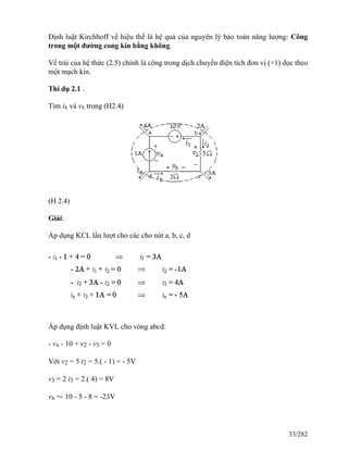 Định luật Kirchhoff về hiệu thế là hệ quả của nguyên lý bảo toàn năng lượng: Công
trong một đường cong kín bằng không.
Vế trái của hệ thức (2.5) chính là công trong dịch chuyển điện tích đơn vị (+1) dọc theo
một mạch kín.
Thí dụ 2.1 .
Tìm ix và vx trong (H2.4)
(H 2.4)
Giải:
Áp dụng KCL lần lượt cho các cho nút a, b, c, d
Áp dụng định luật KVL cho vòng abcd:
- vx - 10 + v2 - v3 = 0
Với v2 = 5 i2 = 5.( - 1) = - 5V
v3 = 2 i3 = 2.( 4) = 8V
vx =- 10 - 5 - 8 = -23V
33/282
 