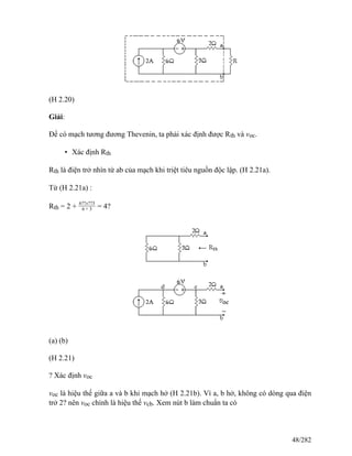 (H 2.20)
Giải:
Để có mạch tương đương Thevenin, ta phải xác định được Rth và voc.
• Xác định Rth
Rth là điện trở nhìn từ ab của mạch khi triệt tiêu nguồn độc lập. (H 2.21a).
Từ (H 2.21a) :
Rth = 2 + 6??x??3
6 + 3 = 4?
(a) (b)
(H 2.21)
? Xác định voc
voc là hiệu thế giữa a và b khi mạch hở (H 2.21b). Vì a, b hở, không có dòng qua điện
trở 2? nên voc chính là hiệu thế vcb. Xem nút b làm chuẩn ta có
48/282
 