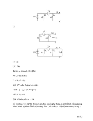 (a)
(b) (c)
(H 2.24)
Ta tìm isc từ mạch (H 2.24c)
KCL ở nút b cho:
i1 = 10 - i2 - isc
Viết KVL cho 2 vòng bên phải:
-4(10 - i2 - isc) - 2i1 + 6i2 = 0
- 6i2 + 3isc = 0
Giải hệ thống cho isc = 5A
Để tính Rth ở (H 2.24b), do mạch có chứa nguồn phụ thuộc, ta có thể tính bằng cách áp
vào a,b một nguồn v rồi xác định dòng điện i, để có Rth = v/i ( điện trở tương đương ).
50/282
 
