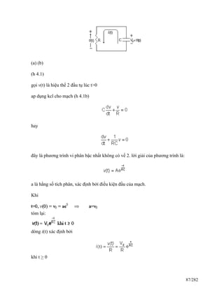 (a) (b)
(h 4.1)
gọi v(t) là hiệu thế 2 đầu tụ lúc t>0
ap dụng kcl cho mạch (h 4.1b)
hay
đây là phương trình vi phân bậc nhất không có vế 2. lời giải của phương trình là:
a là hằng số tích phân, xác định bởi điều kiện đầu của mạch.
Khi
tóm lại:
dòng i(t) xác định bởi
khi t > 0
87/282
 