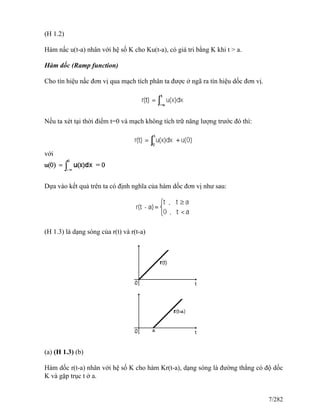 (H 1.2)
Hàm nấc u(t-a) nhân với hệ số K cho Ku(t-a), có giá tri bằng K khi t > a.
Hàm dốc (Ramp function)
Cho tín hiệu nấc đơn vị qua mạch tích phân ta được ở ngã ra tín hiệu dốc đơn vị.
Nếu ta xét tại thời điểm t=0 và mạch không tích trữ năng lượng trước đó thì:
với
Dựa vào kết quả trên ta có định nghĩa của hàm dốc đơn vị như sau:
(H 1.3) là dạng sóng của r(t) và r(t-a)
(a) (H 1.3) (b)
Hàm dốc r(t-a) nhân với hệ số K cho hàm Kr(t-a), dạng sóng là đường thẳng có độ dốc
K và gặp trục t ở a.
7/282
 