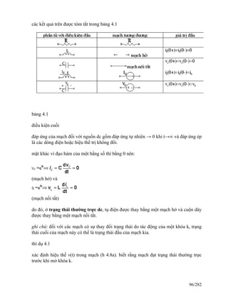 các kết quả trên được tóm tắt trong bảng 4.1
bảng 4.1
điều kiện cuối
đáp ứng của mạch đối với nguồn dc gồm đáp ứng tự nhiên → 0 khi t→∞ và đáp ứng ép
là các dòng điện hoặc hiệu thế trị không đổi.
mặt khác vì đạo hàm của một hằng số thì bằng 0 nên:
(mạch hở) và
(mạch nối tắt)
do đó, ở trạng thái thường trực dc, tụ điện được thay bằng một mạch hở và cuộn dây
được thay bằng một mạch nối tắt.
ghi chú: đối với các mạch có sự thay đổi trạng thái do tác động của một khóa k, trạng
thái cuối của mạch này có thể là trạng thái đầu của mạch kia.
thí dụ 4.1
xác định hiệu thế v(t) trong mạch (h 4.8a). biết rằng mạch đạt trạng thái thường trực
trước khi mở khóa k.
96/282
 