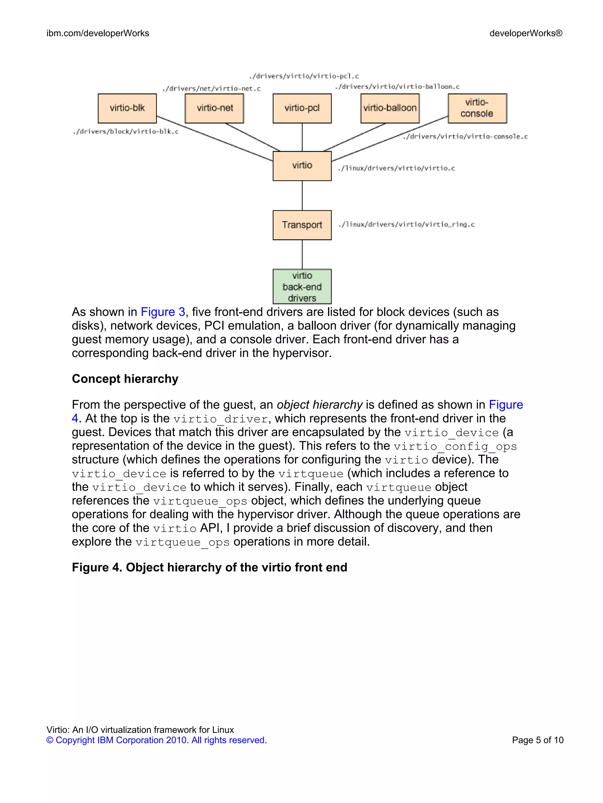 ibm.com/developerWorks                                                             developerWorks®




      As shown in Figure 3, five front-end drivers are listed for block devices (such as
      disks), network devices, PCI emulation, a balloon driver (for dynamically managing
      guest memory usage), and a console driver. Each front-end driver has a
      corresponding back-end driver in the hypervisor.

      Concept hierarchy

      From the perspective of the guest, an object hierarchy is defined as shown in Figure
      4. At the top is the virtio_driver, which represents the front-end driver in the
      guest. Devices that match this driver are encapsulated by the virtio_device (a
      representation of the device in the guest). This refers to the virtio_config_ops
      structure (which defines the operations for configuring the virtio device). The
      virtio_device is referred to by the virtqueue (which includes a reference to
      the virtio_device to which it serves). Finally, each virtqueue object
      references the virtqueue_ops object, which defines the underlying queue
      operations for dealing with the hypervisor driver. Although the queue operations are
      the core of the virtio API, I provide a brief discussion of discovery, and then
      explore the virtqueue_ops operations in more detail.

      Figure 4. Object hierarchy of the virtio front end




Virtio: An I/O virtualization framework for Linux
© Copyright IBM Corporation 2010. All rights reserved.                                 Page 5 of 10
 