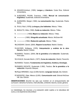2. AGUADO-Andreut, (1959). Lengua y Literatura. Costa Rica. Editorial
       Universitaria,

    3. ALBIZUREZ, PALMA, Francisco, (1990). Manual de comunicación
       lingüística. Guatemala. Editorial Universitaria.

    4. ALMAZORA, Margot. (1982), La comunicación hoy. Guatemala. Piedra
       Santa,

    5. ÁVILA, Raúl. (1978). La lengua y los hablantes. México. Trillas.

    6. BASULTO, Hilda. (1992). Cuide su redacción. México. Trillas.

    7. ------------------- (1992). Mejore su redacción. México. Trillas.

    8. --------------- (1989). Ortografía actualizada. México. McGraw-Hill

    9. --------------- (1992). Redacción aplicada. México. Trillas.

    10. CASSANY, Daniel. (2004). Reparar la escritura. Madrid. Gredos.

    11. KAYSER, Wolfgang, (1978). Interpretación y análisis de la obra
        literaria. Madrid. Gredos

    12. RAMOS, Teodoro. (2004). De la gramática a la redacción. Guatemala.
        Print color.

    13. VIVALDI, Gonzalo Martín, (1977). Curso de redacción. Madrid. Paraninfo

    14. RAMOS, Teodoro. Fundamentos de lingüística, fonética y fonología.

    15. RAMOS SÚCHITE, Guatemala (1,992), Teodoro. De la gramática a la
        redacción. Imprenta Vásquez.

    16. Rojas MIRANDA, mayo (2,006) Sandra. Lenguaje manual, 2da. Edición.

    17. MCENTEE, Eilee, México (2,005). Comunicación oral. Editorial McGraw
        Hill. 2da. Edición.

OBSERVACIONES (Escribir los ejes que incidirán en el enriquecimiento del
currículum: derechos humanos, interculturales, ambiente natural y social, género)
__________________________________________________________________
__________________________________________________________________

La metodología, los recursos y la evaluación están sujetos a la naturaleza del
curso y a la experiencia del profesor
 
