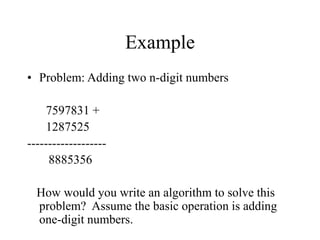 Example
• Problem: Adding two n-digit numbers
7597831 +
1287525
-------------------
8885356
How would you write an algorithm to solve this
problem? Assume the basic operation is adding
one-digit numbers.
 