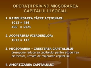 OPERAŢII PRIVIND MICŞORAREA
CAPITALULUI SOCIAL
1. RAMBURSAREA CĂTRE ACŢIONARI:
1012 = 456
456 = 5121
2. ACOPERIREA PIERDERILOR:
1012 = 117
3. MICŞORAREA – CREŞTEREA CAPITALULUI
presupune reducerea capitalului pentru acoperirea
pierderilor, urmată de majorarea capitalului
4. AMORTIZAREA CAPITALULUI
 