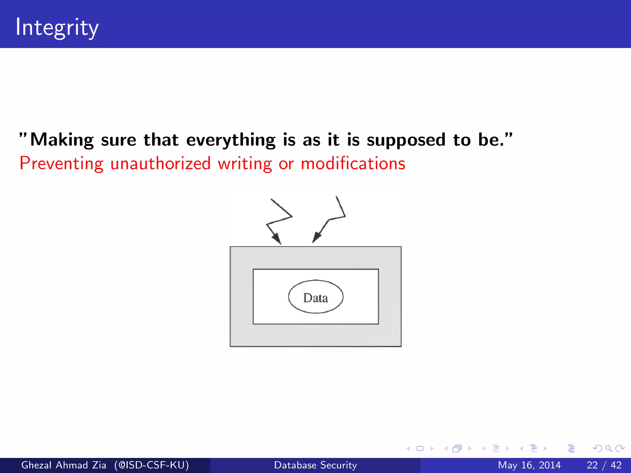 Integrity
”Making sure that everything is as it is supposed to be.”
Preventing unauthorized writing or modiﬁcations
Ghezal Ahmad Zia (@ISD-CSF-KU) Database Security May 16, 2014 22 / 42
 