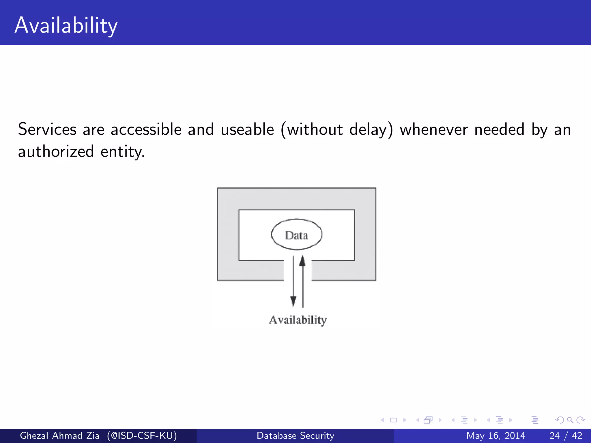 Availability
Services are accessible and useable (without delay) whenever needed by an
authorized entity.
Ghezal Ahmad Zia (@ISD-CSF-KU) Database Security May 16, 2014 24 / 42
 