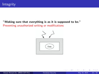 Integrity
”Making sure that everything is as it is supposed to be.”
Preventing unauthorized writing or modiﬁcations
Ghezal Ahmad Zia (@ISD-CSF-KU) Database Security May 16, 2014 22 / 42
 