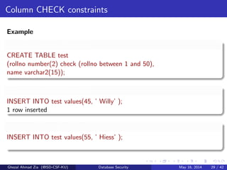 Column CHECK constraints
Example
Validity Checking Example
CREATE TABLE test
(rollno number(2) check (rollno between 1 and 50),
name varchar2(15));
Validity Checking Example
INSERT INTO test values(45, ’ Willy’ );
1 row inserted
Validity Checking Example
INSERT INTO test values(55, ’ Hiess’ );
Ghezal Ahmad Zia (@ISD-CSF-KU) Database Security May 16, 2014 29 / 42
 