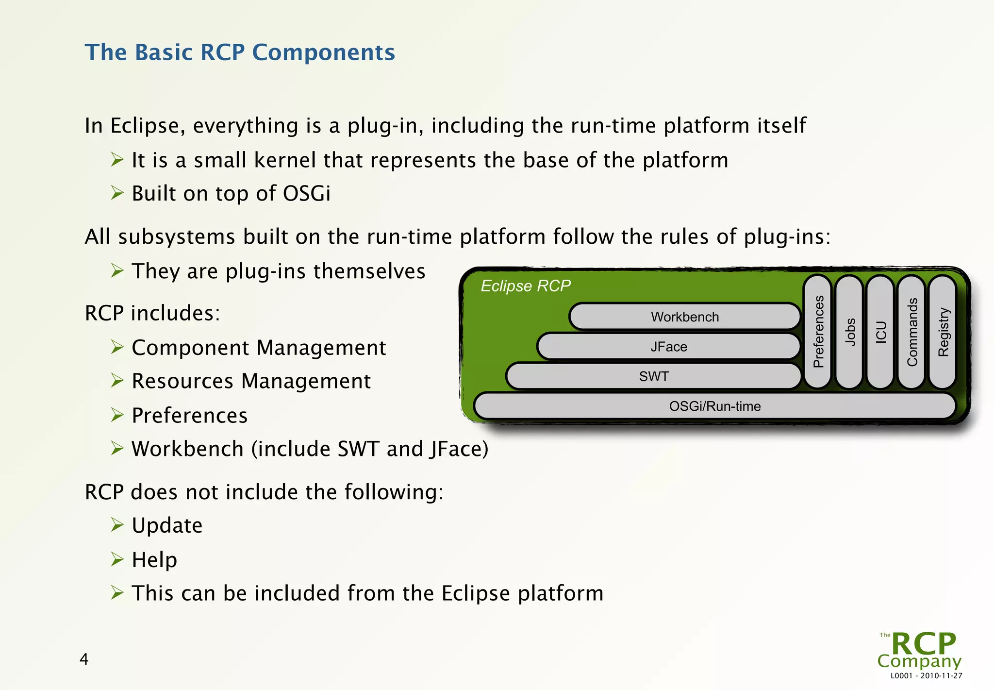 The Basic RCP Components


In Eclipse, everything is a plug-in, including the run-time platform itself
     It is a small kernel that represents the base of the platform
     Built on top of OSGi

All subsystems built on the run-time platform follow the rules of plug-ins:
     They are plug-ins themselves
                                         Eclipse RCP




                                                                               Preferences




                                                                                                             Commands
RCP includes:




                                                                                                                        Registry
                                                           Workbench




                                                                                             Jobs

                                                                                                    ICU
     Component Management                                 JFace

     Resources Management                               SWT

                                                               OSGi/Run-time
     Preferences
     Workbench (include SWT and JFace)

RCP does not include the following:
     Update
     Help
     This can be included from the Eclipse platform


4
                                                                                                          L0001 - 2010-11-27
 