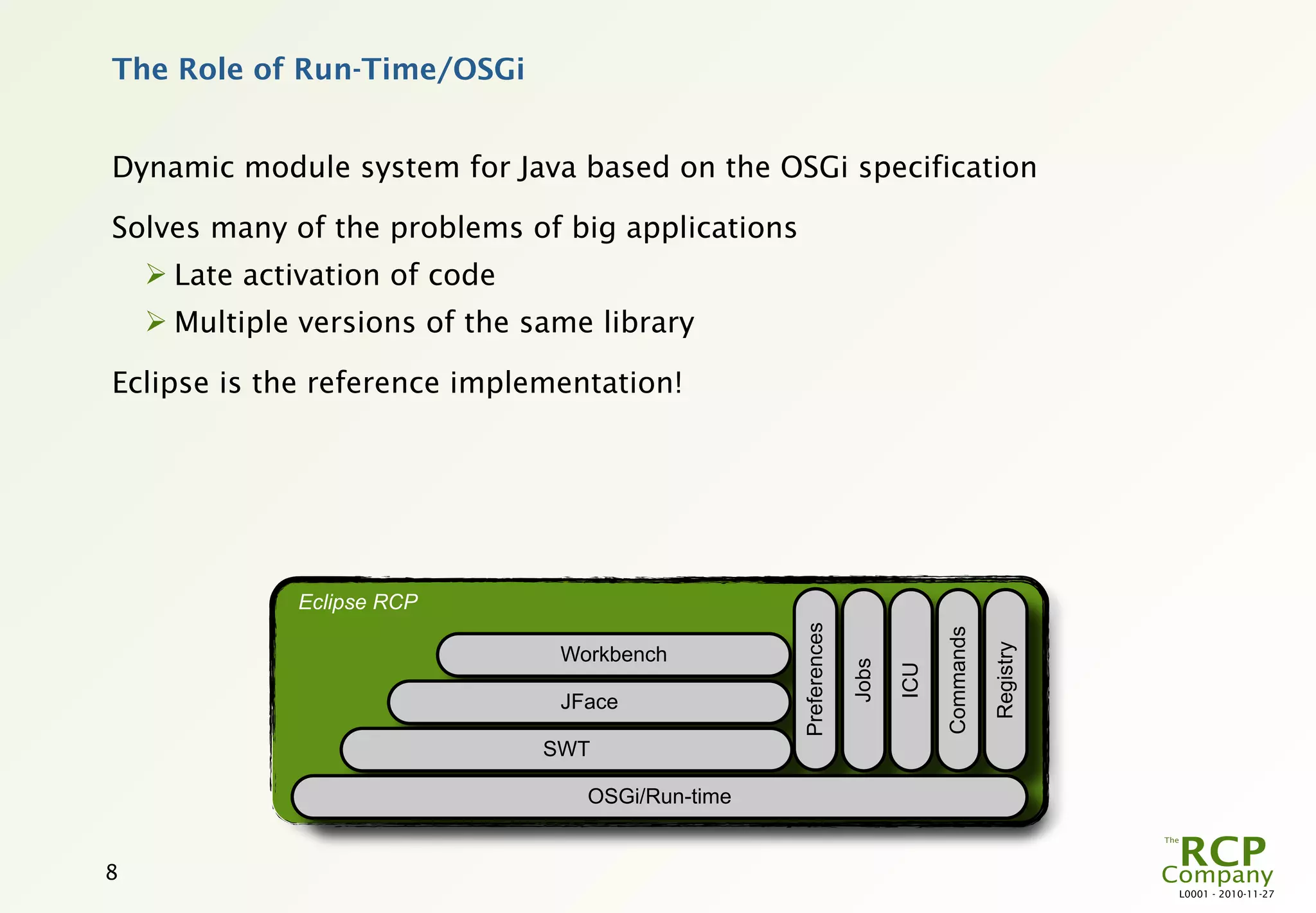 The Role of Run-Time/OSGi


Dynamic module system for Java based on the OSGi specification

Solves many of the problems of big applications
     Late activation of code
     Multiple versions of the same library

Eclipse is the reference implementation!




              Eclipse RCP




                                                   Preferences




                                                                              Commands

                                                                                         Registry
                                 Workbench




                                                                 Jobs

                                                                        ICU
                                 JFace

                                SWT

                                   OSGi/Run-time


8
                                                                                                    L0001 - 2010-11-27
 