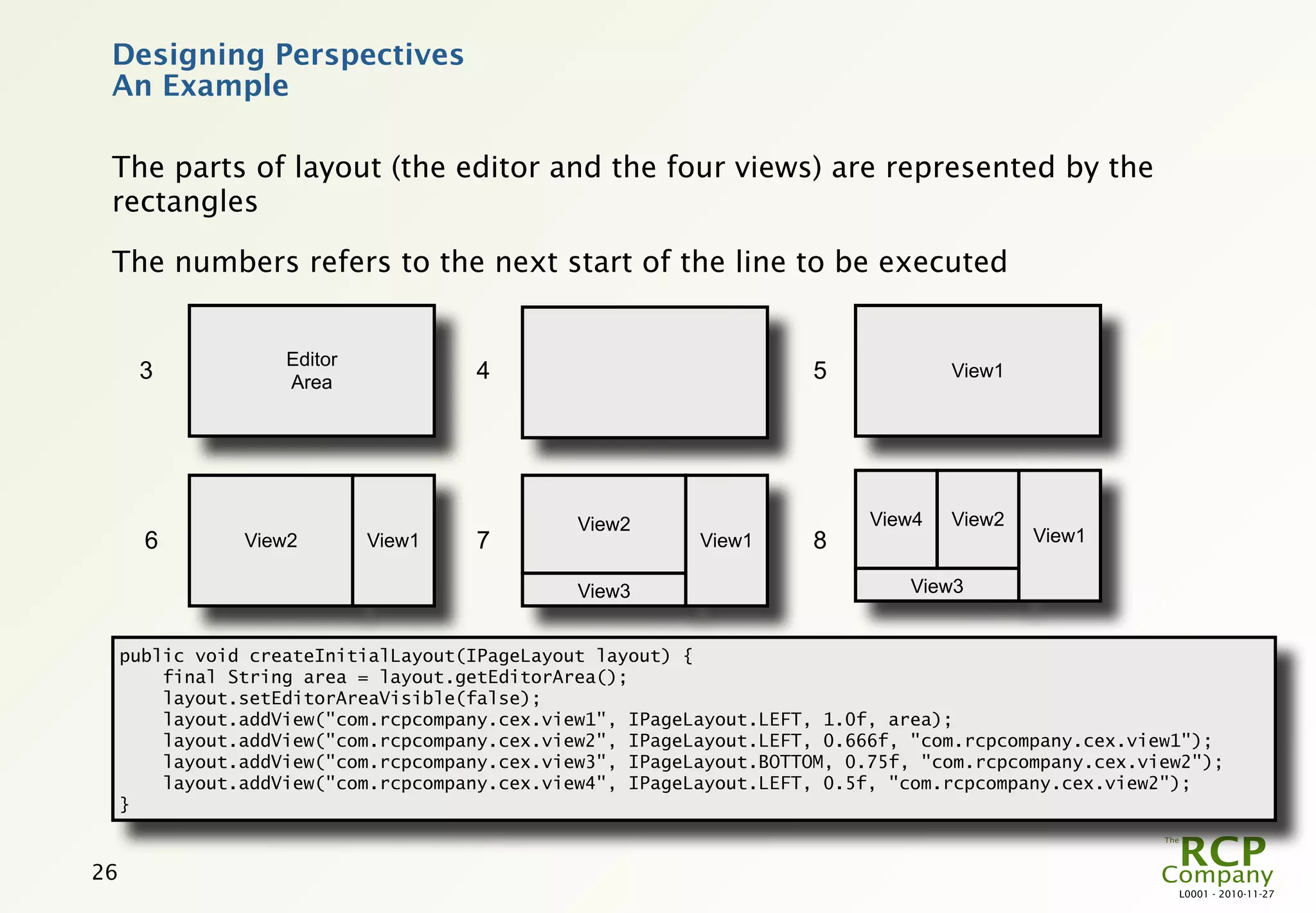 Designing Perspectives
 An Example

 The parts of layout (the editor and the four views) are represented by the
 rectangles

 The numbers refers to the next start of the line to be executed


                    Editor
      3             Area
                                     4                               5            View1




                                               View2                      View4   View2
       6        View2        View1   7                    View1      8                    View1

                                               View3                          View3


     public void createInitialLayout(IPageLayout layout) {
         final String area = layout.getEditorArea();
         layout.setEditorAreaVisible(false);
         layout.addView("com.rcpcompany.cex.view1", IPageLayout.LEFT, 1.0f, area);
         layout.addView("com.rcpcompany.cex.view2", IPageLayout.LEFT, 0.666f, "com.rcpcompany.cex.view1");
         layout.addView("com.rcpcompany.cex.view3", IPageLayout.BOTTOM, 0.75f, "com.rcpcompany.cex.view2");
         layout.addView("com.rcpcompany.cex.view4", IPageLayout.LEFT, 0.5f, "com.rcpcompany.cex.view2");
     }


26
                                                                                                      L0001 - 2010-11-27
 